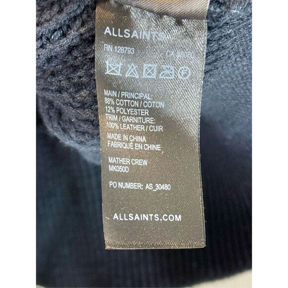 AllSaints Mather Crewneck Deep Blue 100% Leather Elbow Patch Sweater Men's M - Picture 5 of 9